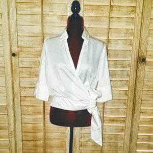 White 100% Cotton Wrap Blouse with 3/4 Sleeves